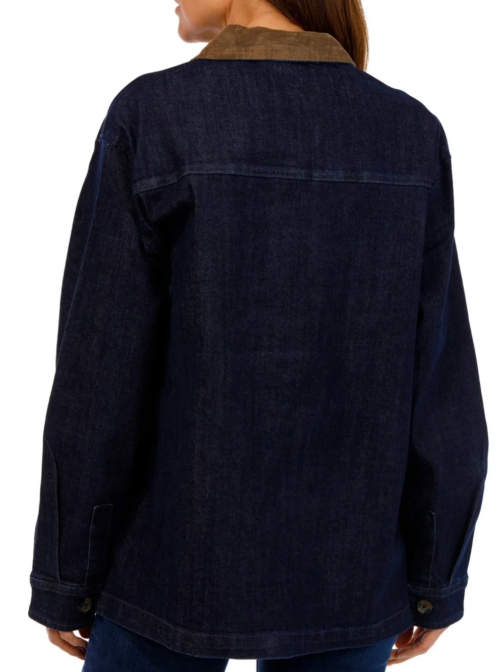 NWT Bunulu Women's Dark Blue Denim Jacket with Brown Collar Size S